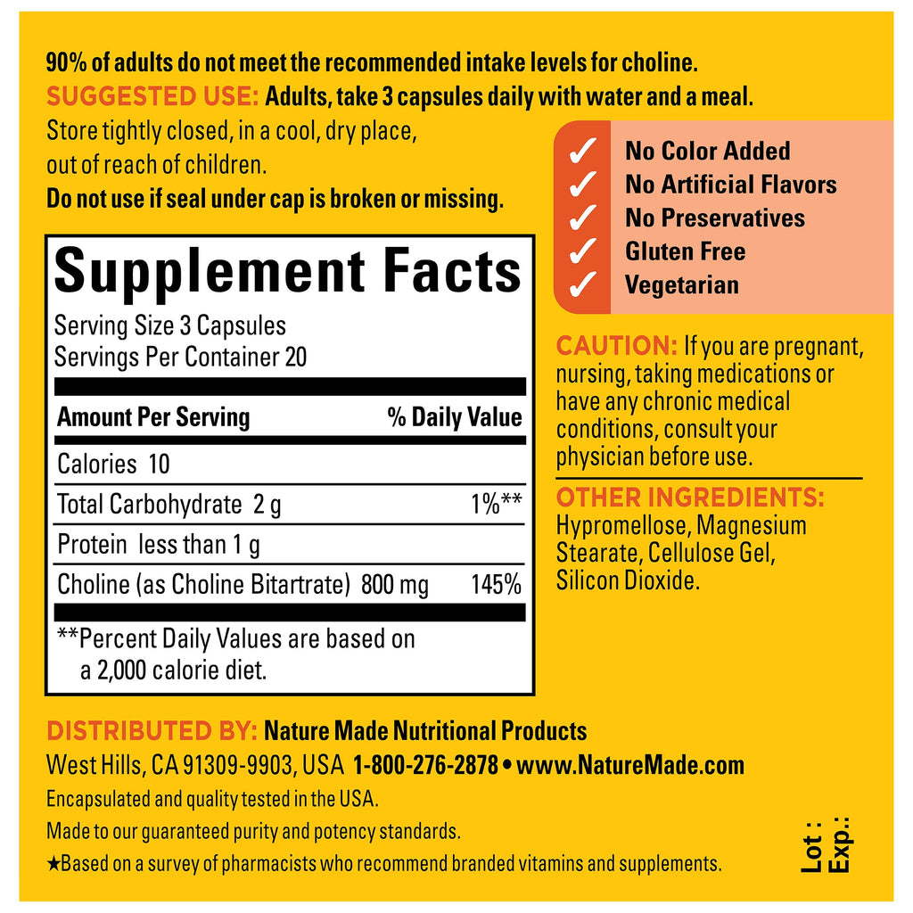 Choline Extra Strength Dosage 800 Mg Per 3 Capsules